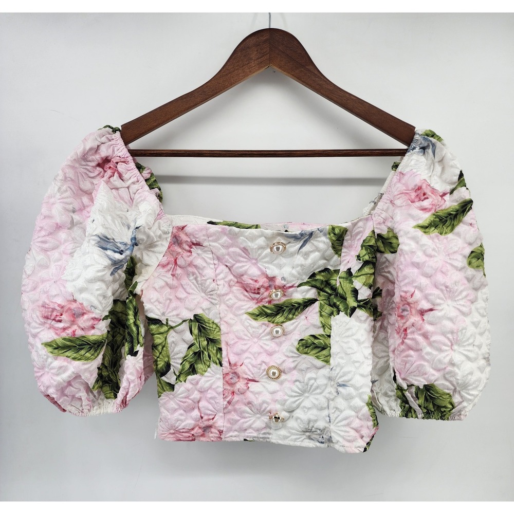 Pink Floral Textured Puff Sleeve Crop Top Pearl Button Size S US 4‎
